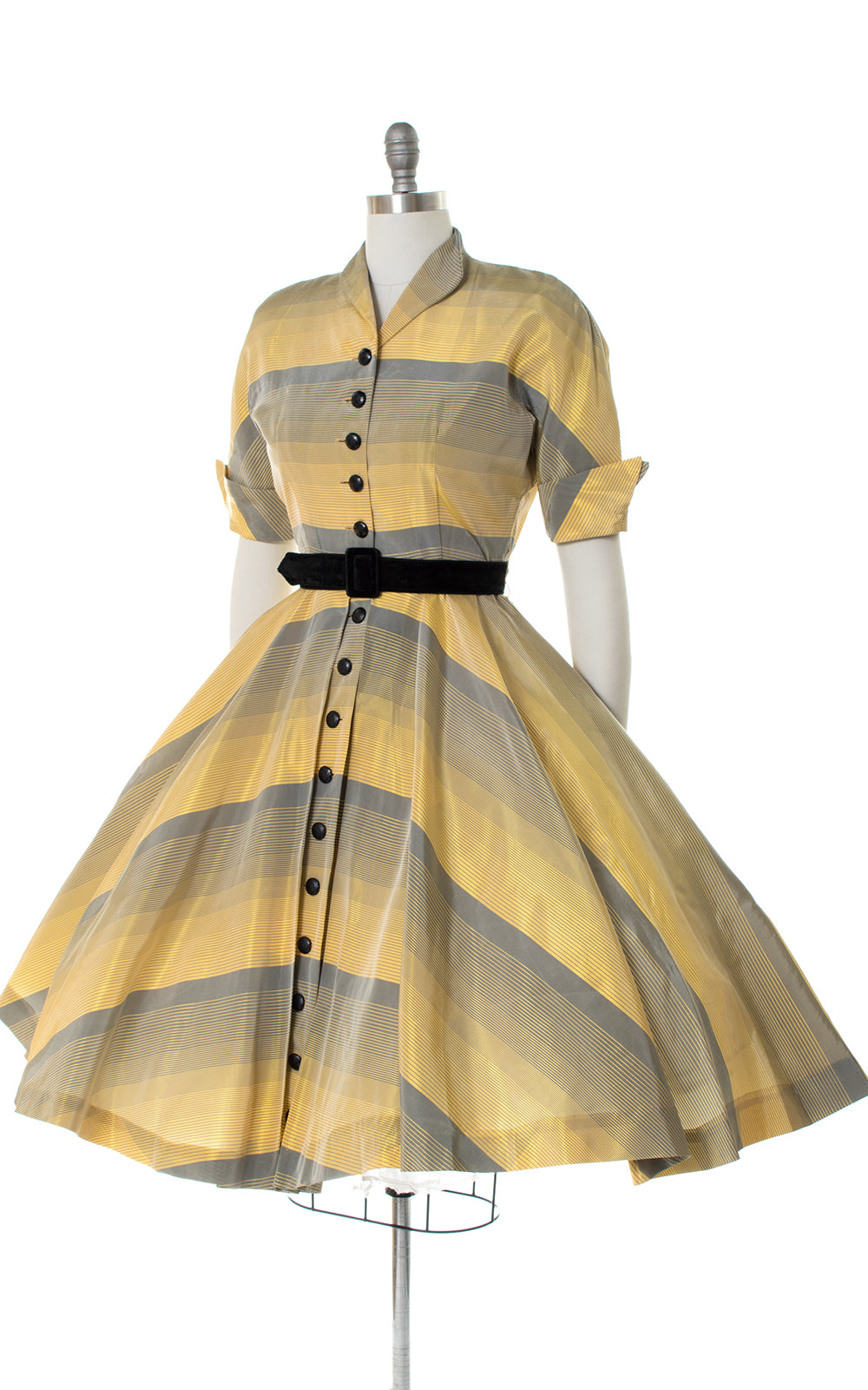1950s Ombré Striped Taffeta Shirtwaist Dress