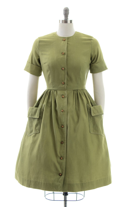 1950s Olive Green Shirtwaist Dress with Pockets