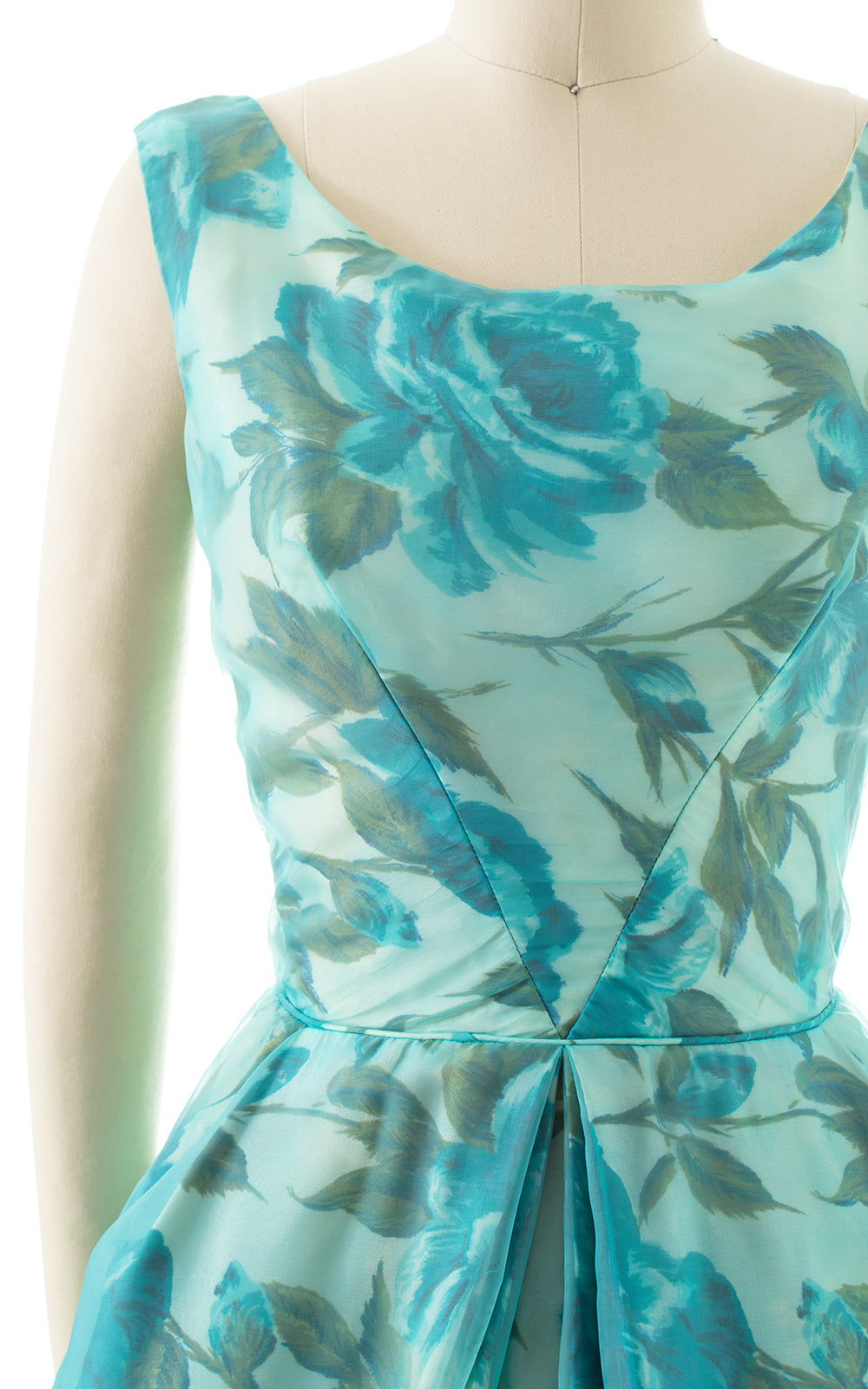 1960s Blue Rose Chiffon Overlay Party Dress