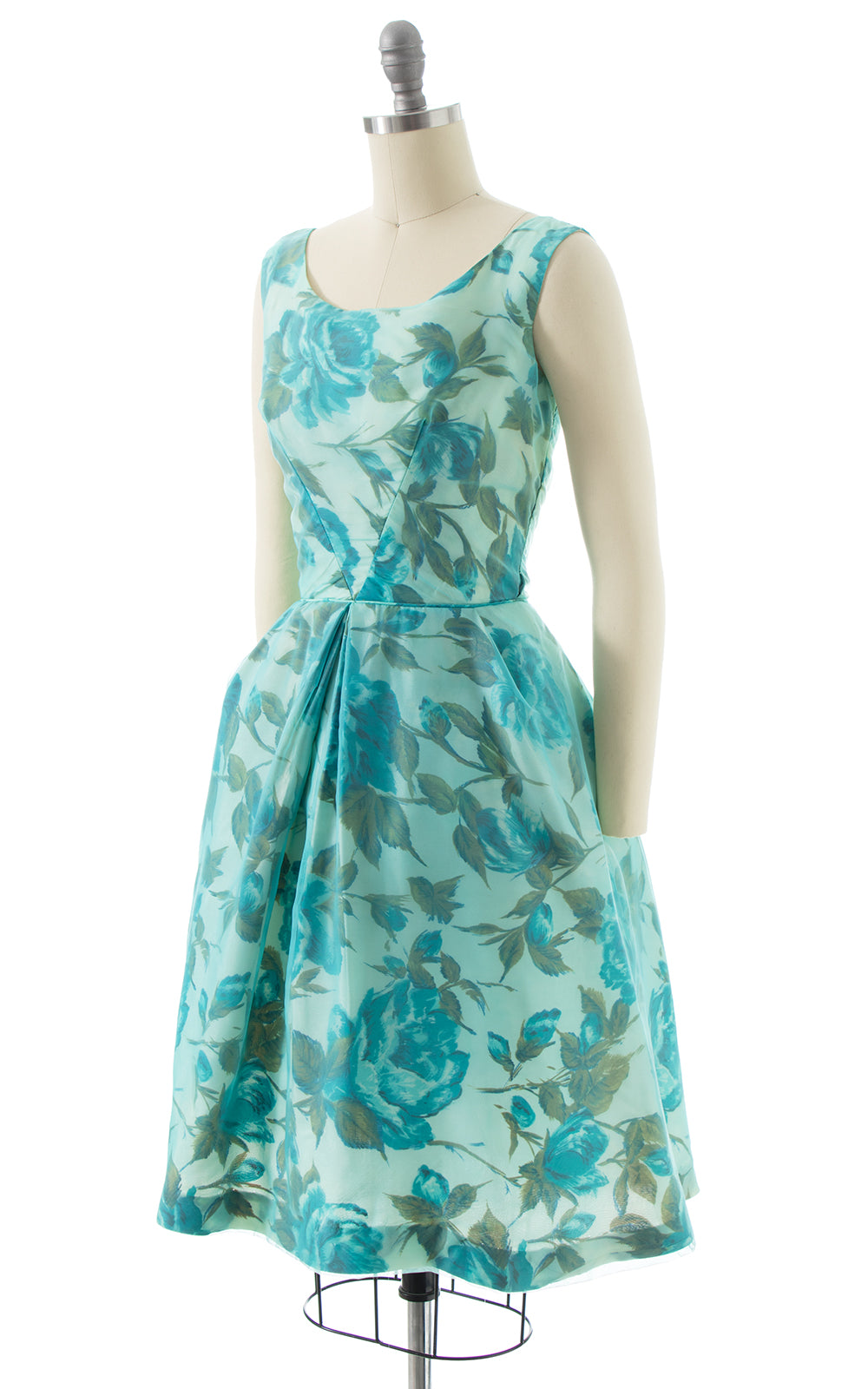 1960s Blue Rose Chiffon Overlay Party Dress