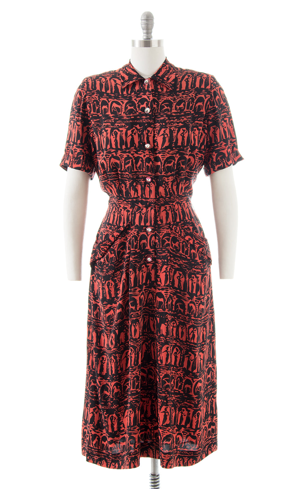 1940s Grecian Novelty Print Shirtwaist Dress