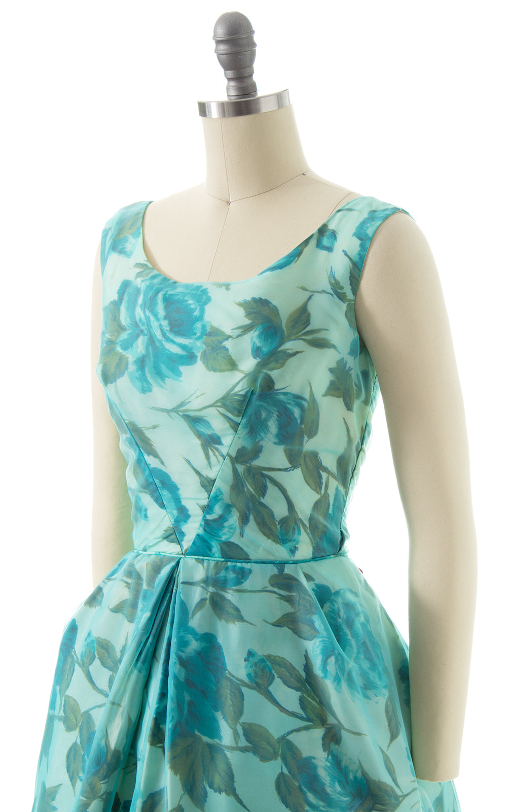 1960s Blue Rose Chiffon Overlay Party Dress