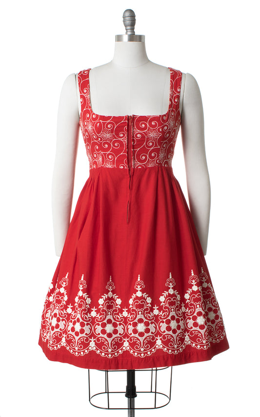 1950s Red Floral Embroidered Border Print Dirndl Sundress