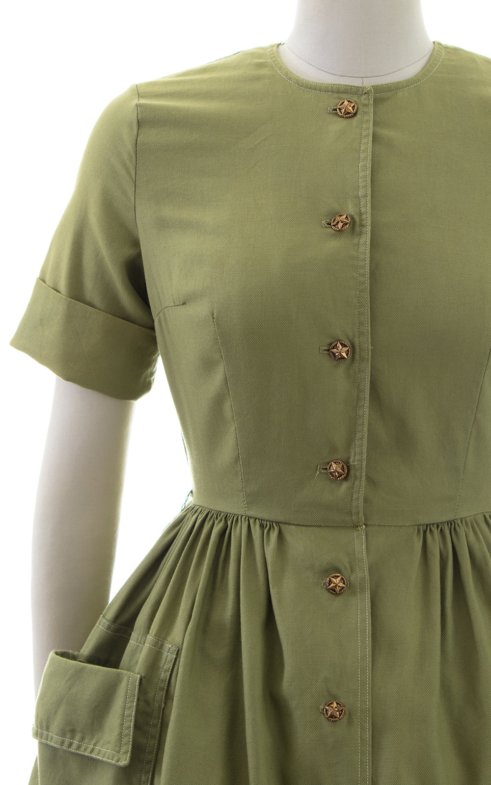 1950s Olive Green Shirtwaist Dress with Pockets