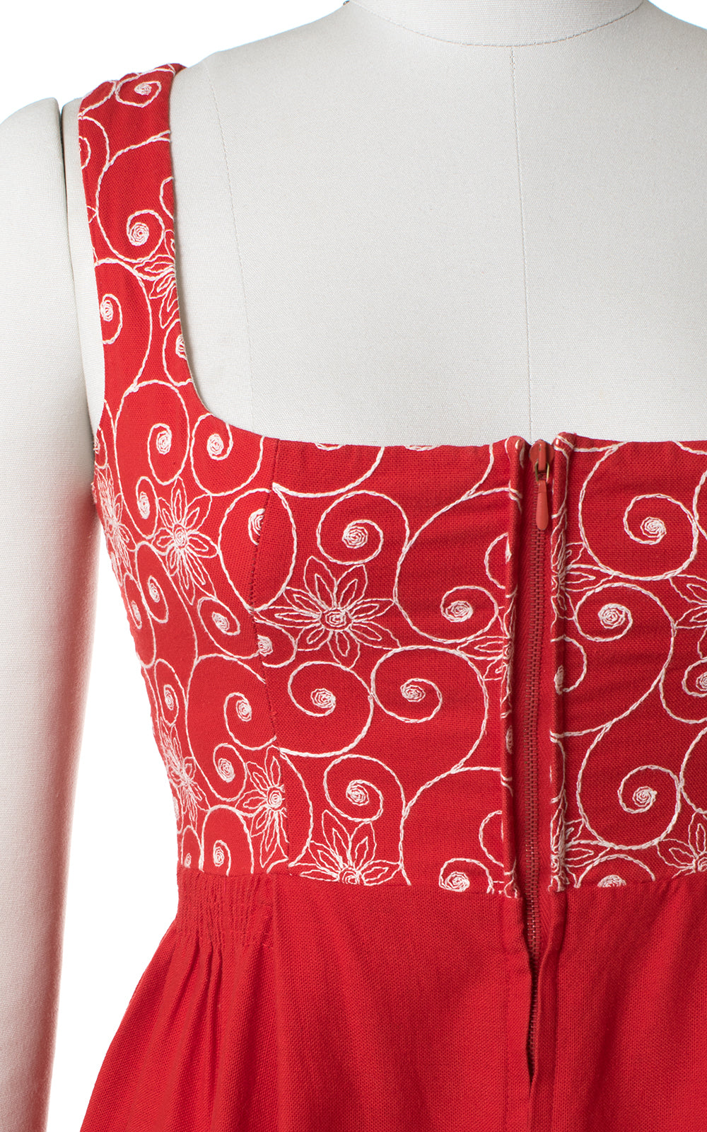 1950s Red Floral Embroidered Border Print Dirndl Sundress