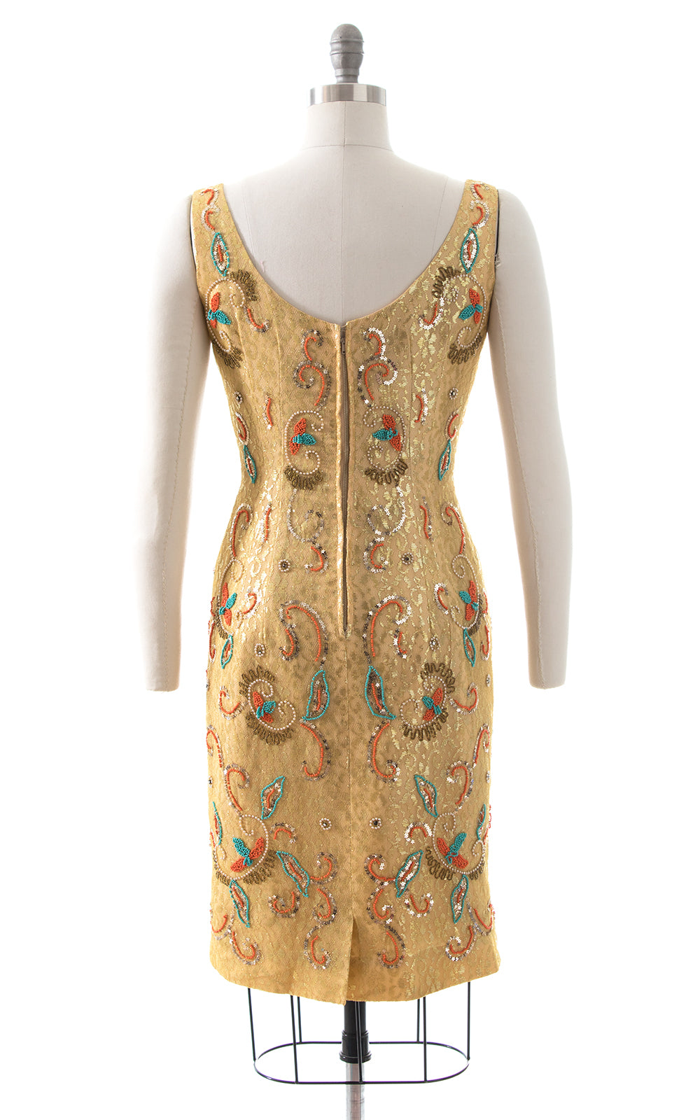 1960s Floral Beaded Sequined Gold Party Dress