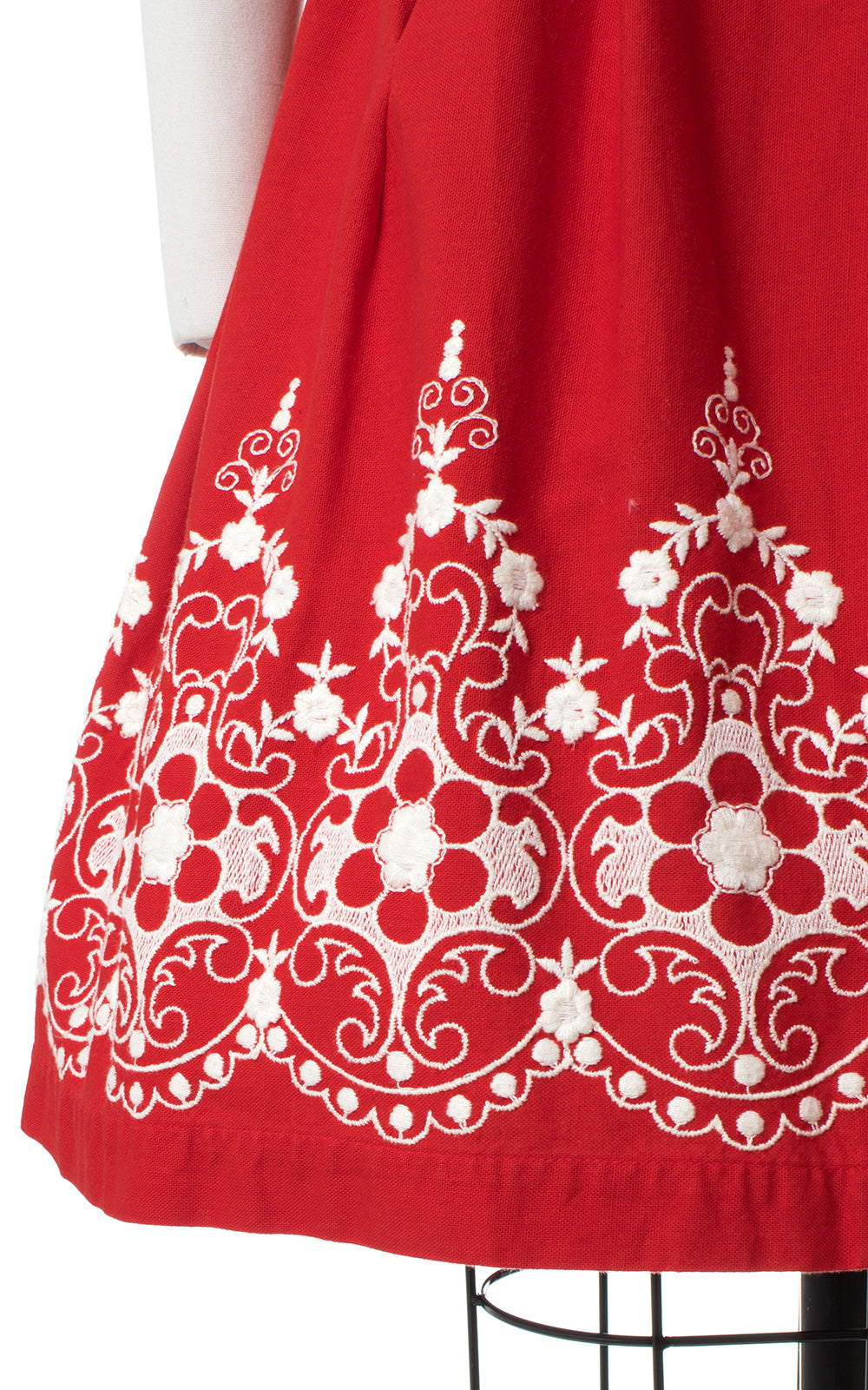 1950s Red Floral Embroidered Border Print Dirndl Sundress