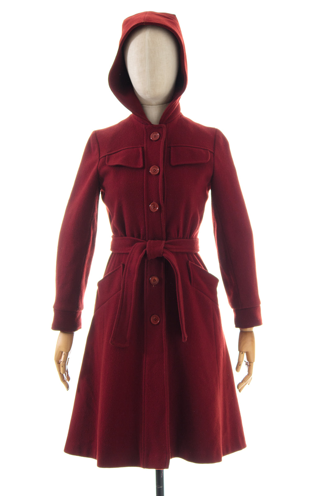 1970s Burgundy Wool Hooded Belted Princess Coat