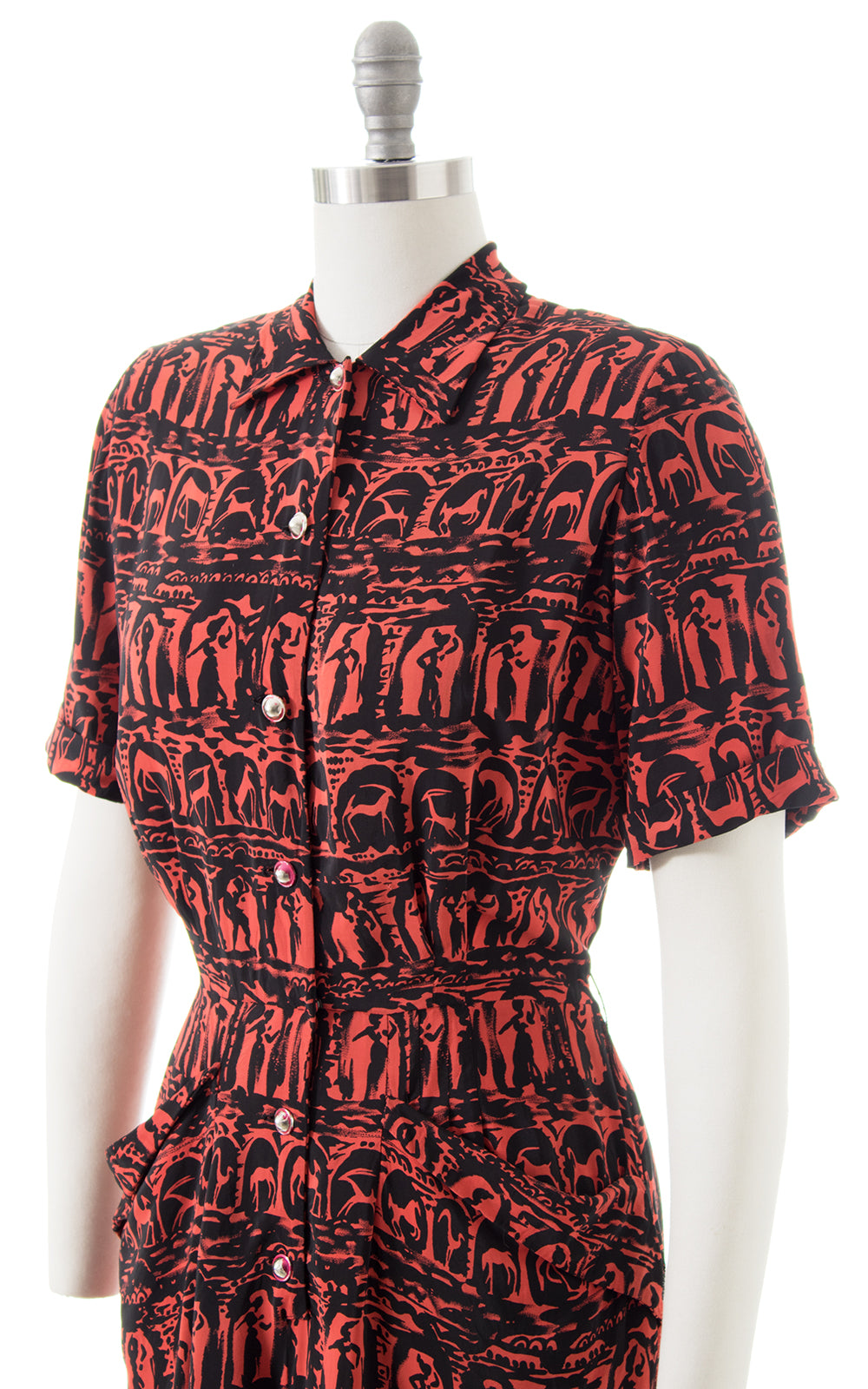 1940s Grecian Novelty Print Shirtwaist Dress