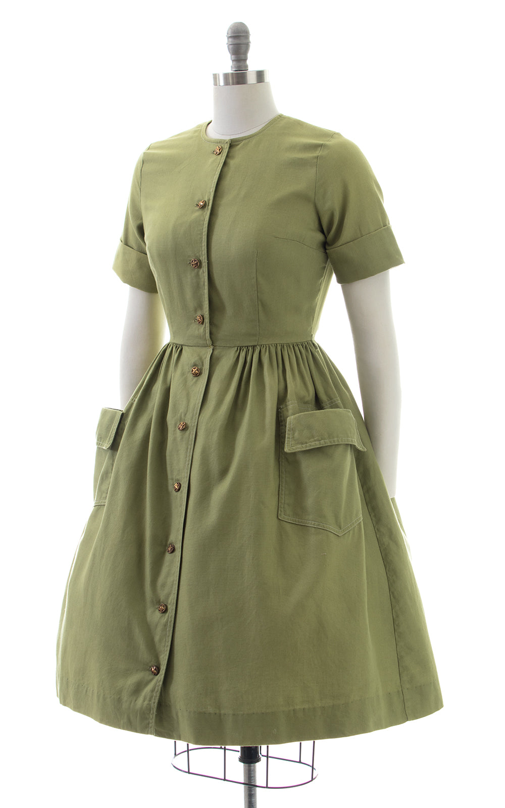 1950s Olive Green Shirtwaist Dress with Pockets