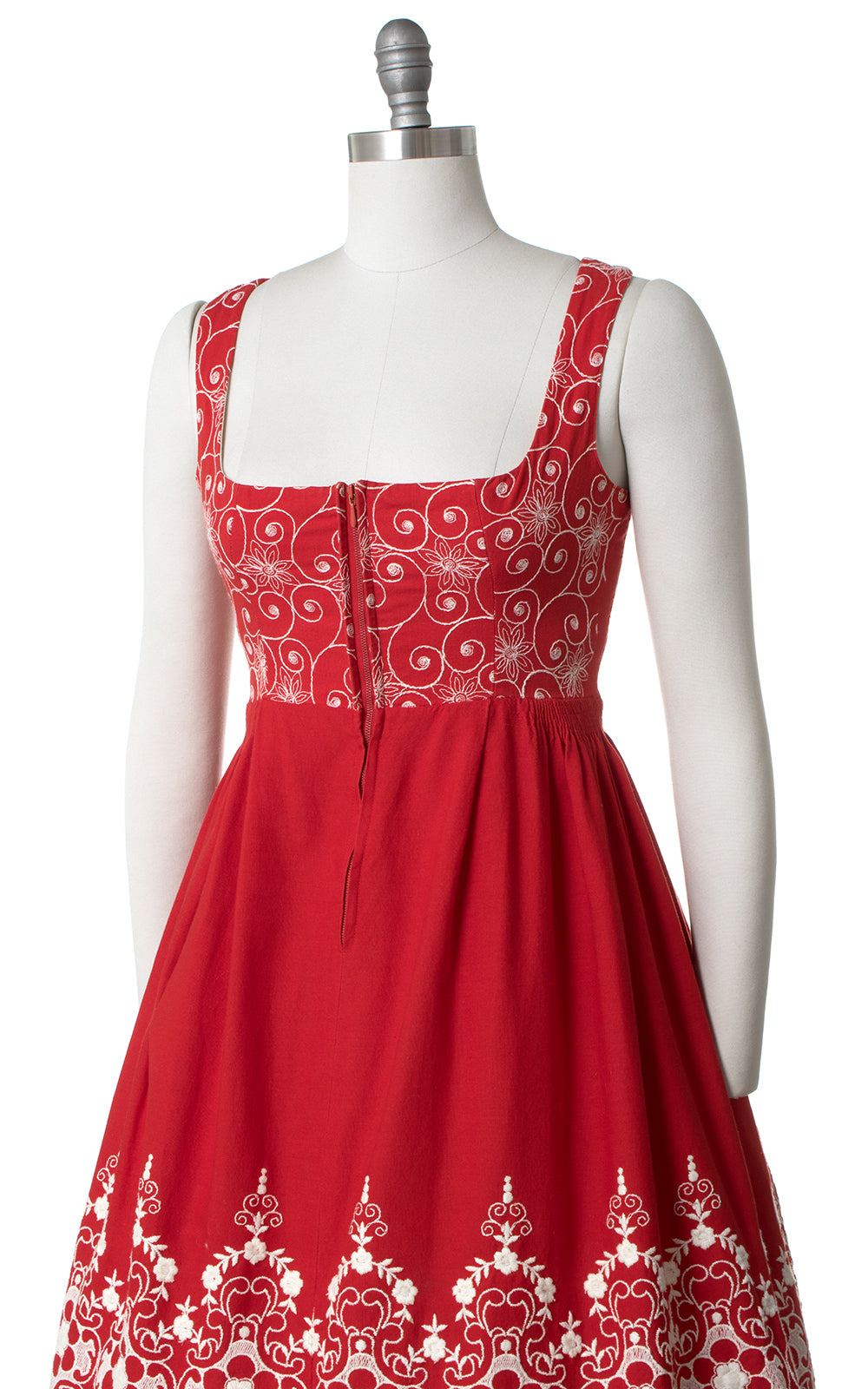 1950s Red Floral Embroidered Border Print Dirndl Sundress