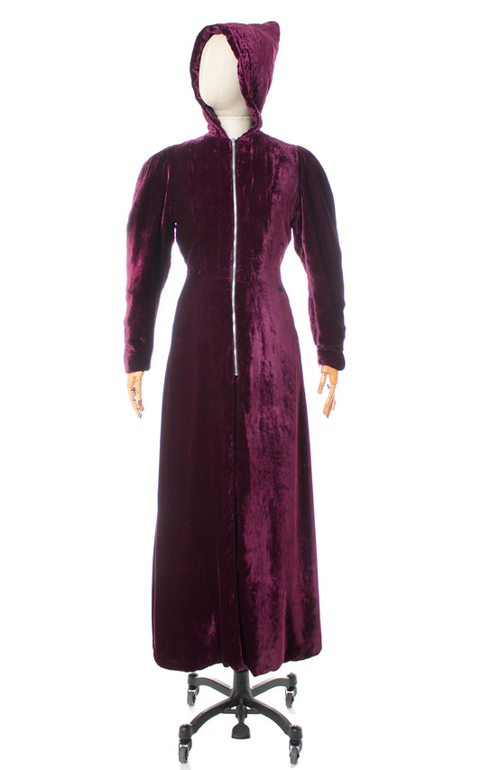 1930s Hooded Purple Silk Velvet Coat