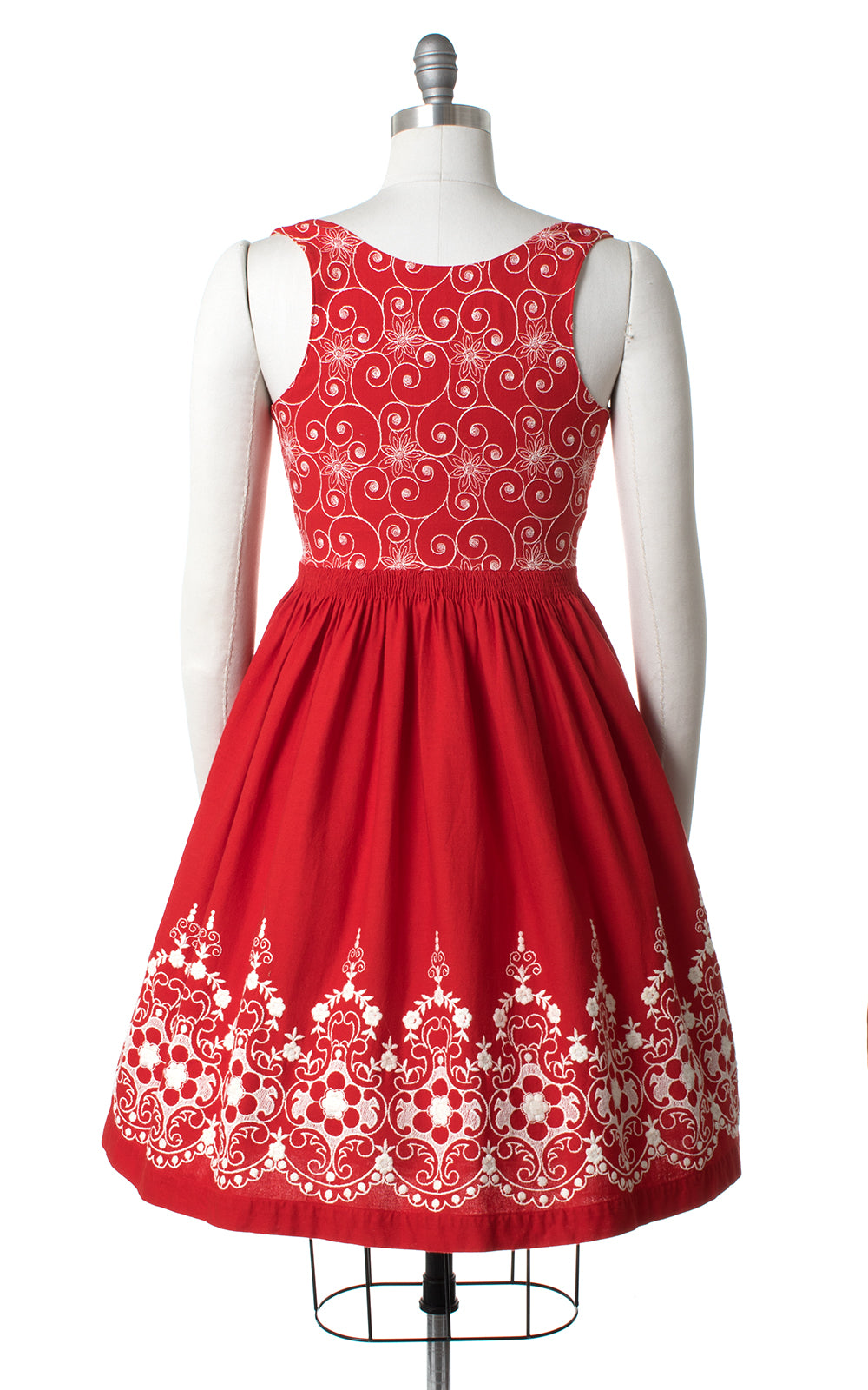 1950s Red Floral Embroidered Border Print Dirndl Sundress