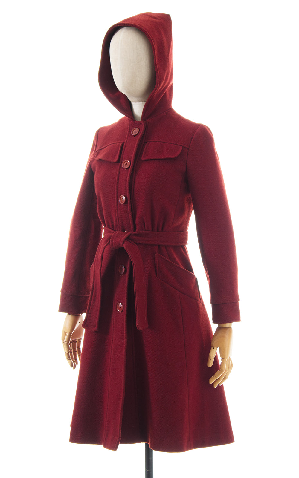 1970s Burgundy Wool Hooded Belted Princess Coat