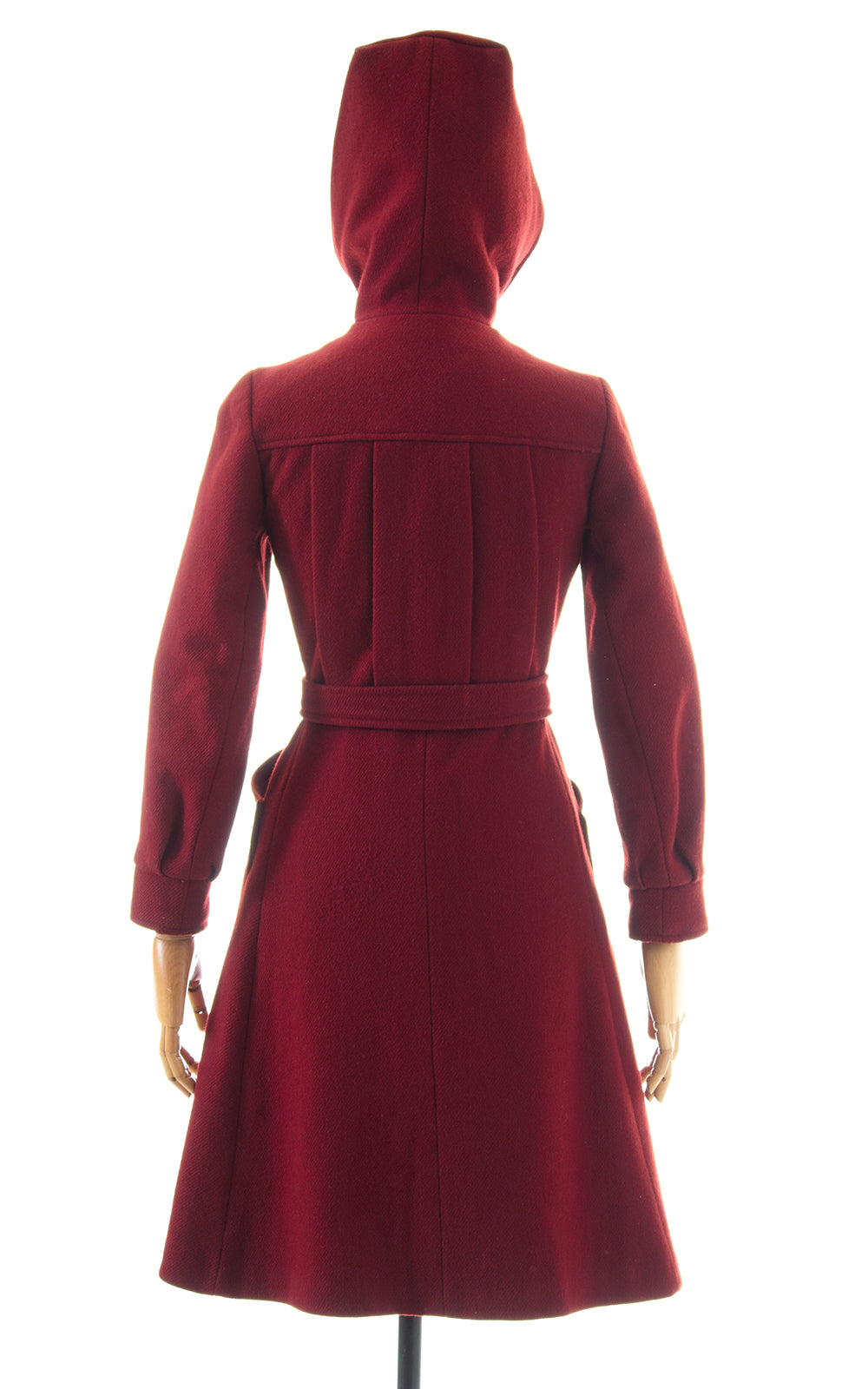 1970s Burgundy Wool Hooded Belted Princess Coat