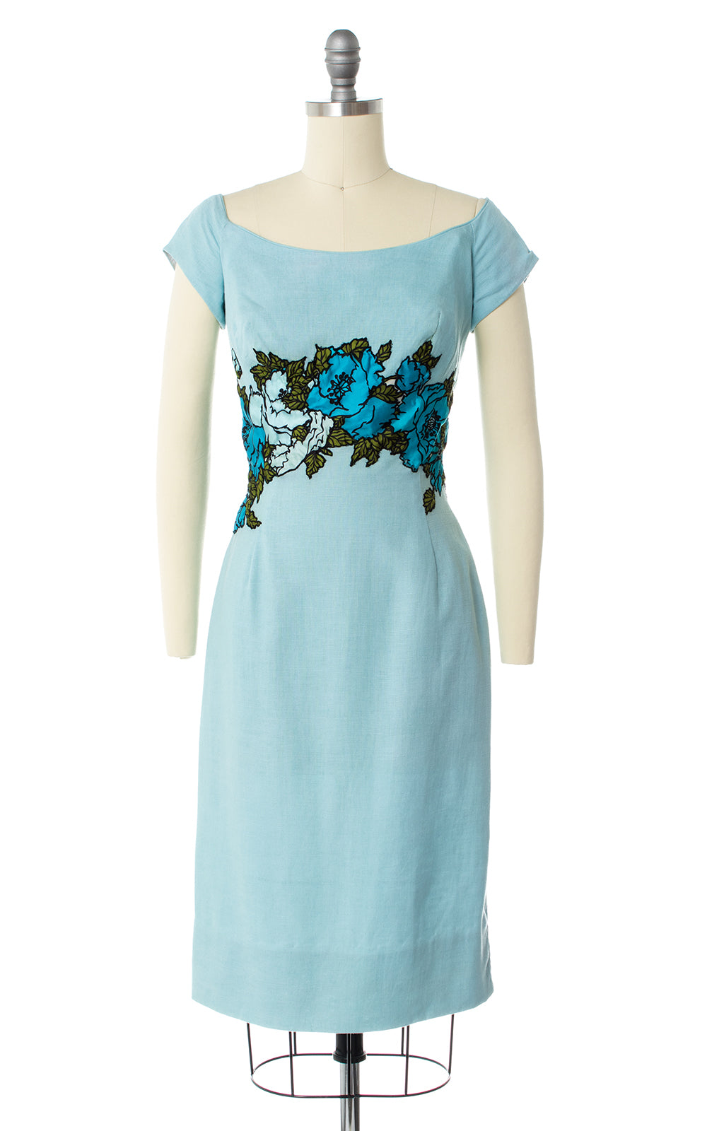 1950s Peggy Hunt Floral Linen Wiggle Dress