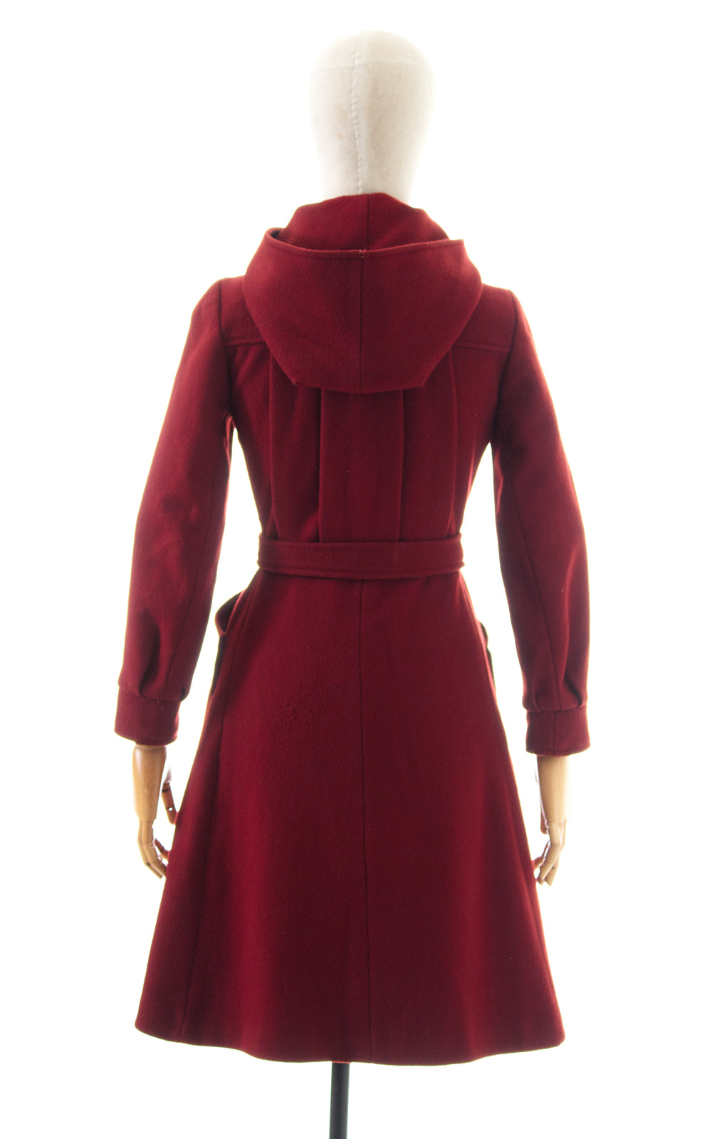 1970s Burgundy Wool Hooded Belted Princess Coat