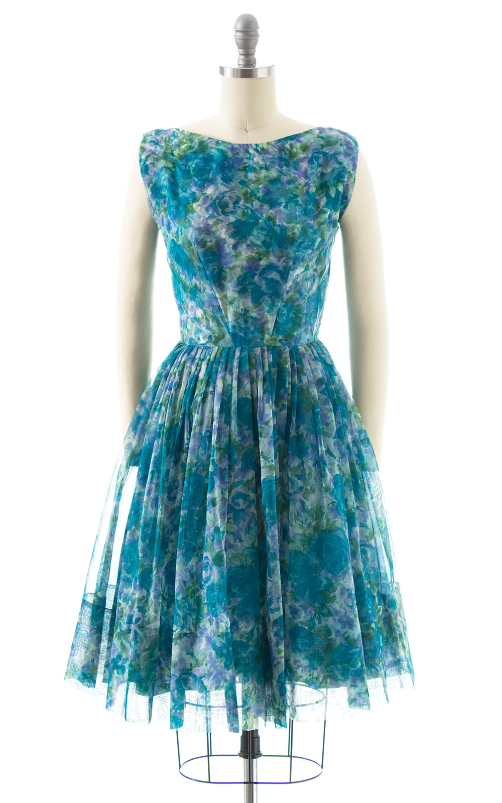 1960s Floral Chiffon Overlay Party Dress