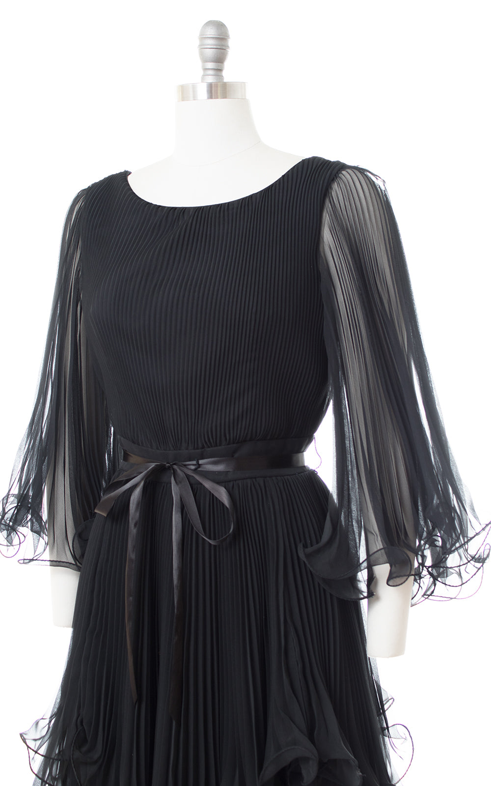 1960s Lillie Rubin Accordion Pleated Chiffon Bell Sleeve Dress | medium