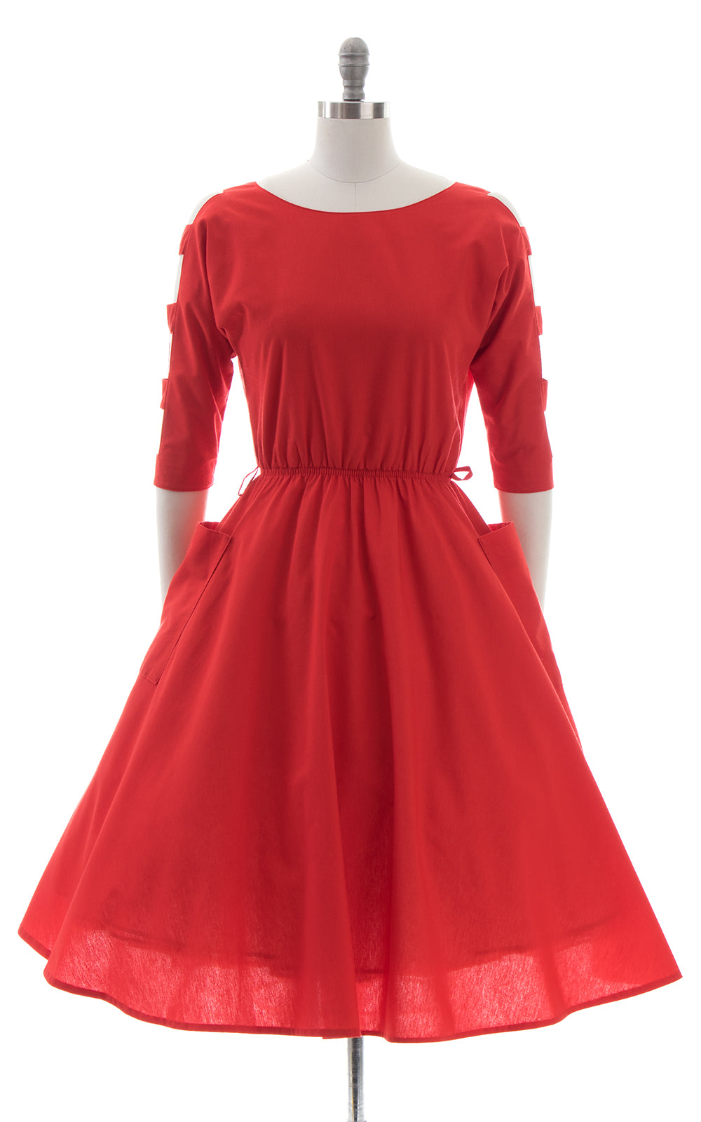 1980s Cutout Sleeves Red Dress with Pockets