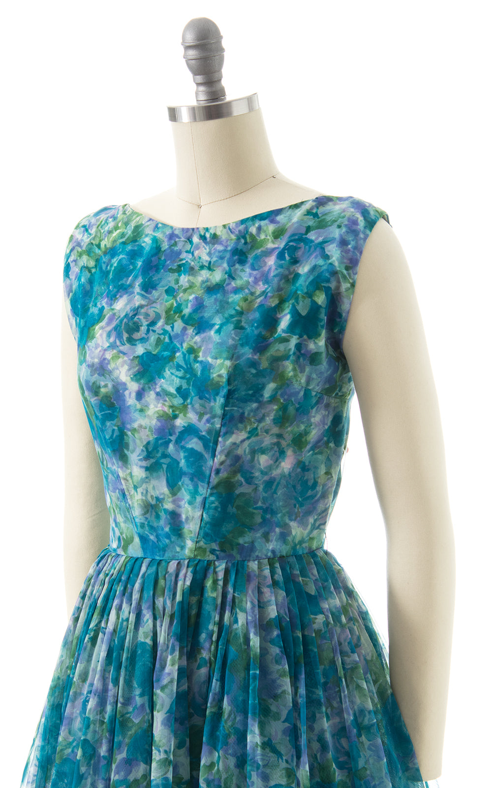 1960s Floral Chiffon Overlay Party Dress