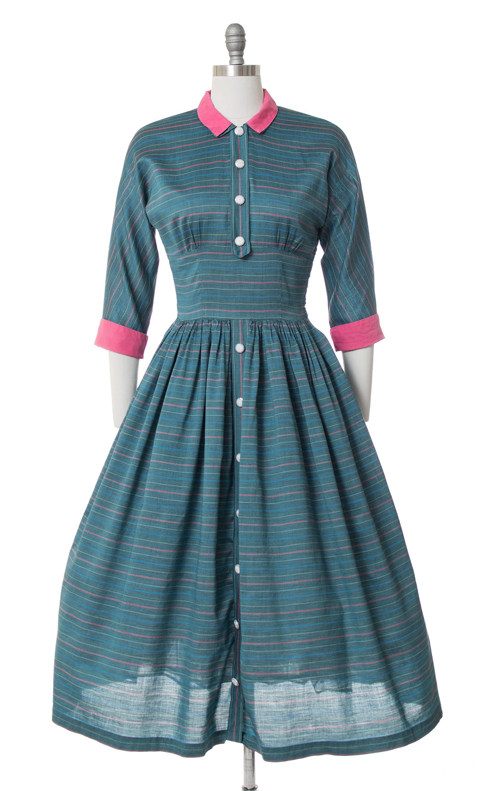 1950s Striped Teal & Pink Day Dress