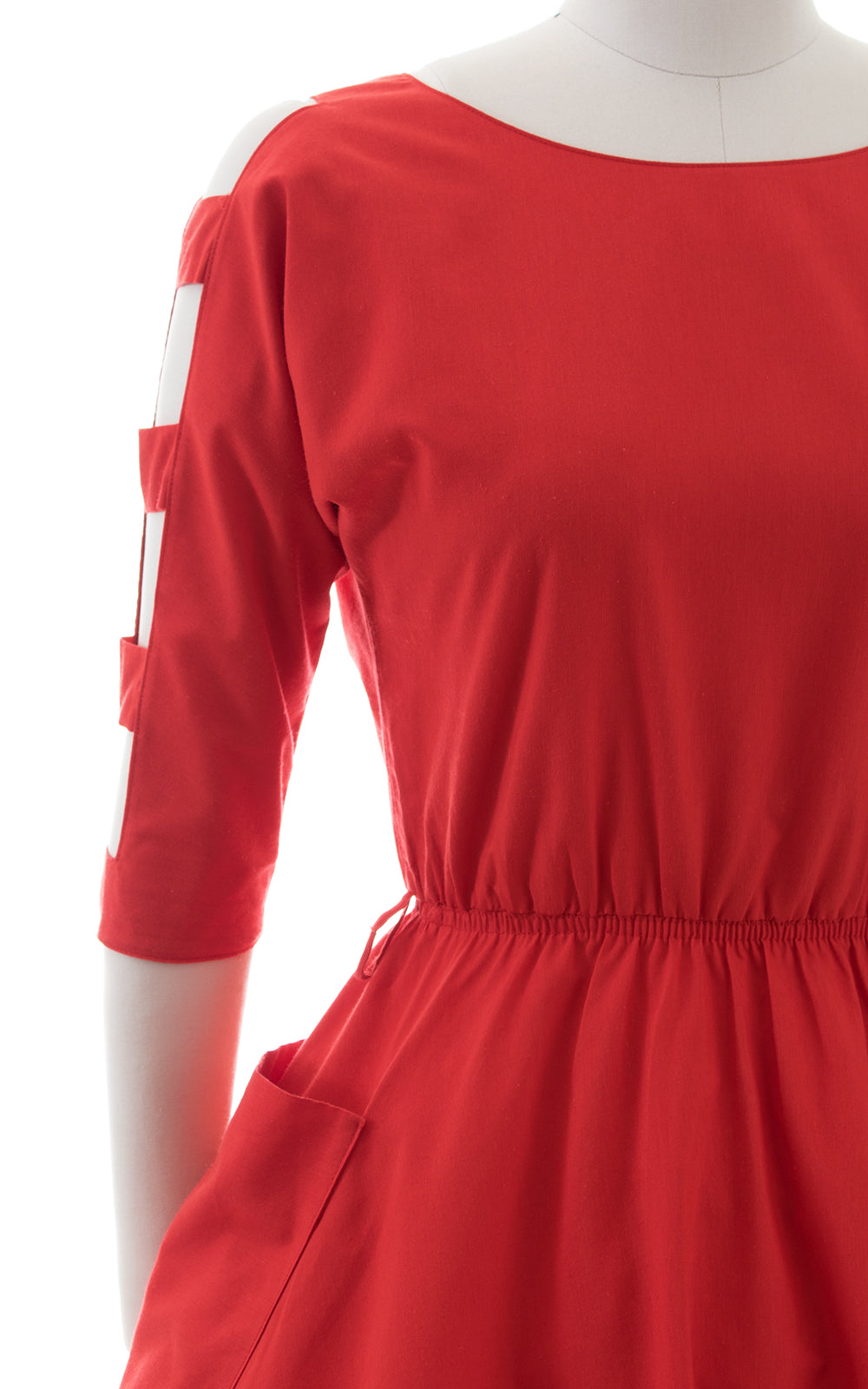 1980s Cutout Sleeves Red Dress with Pockets