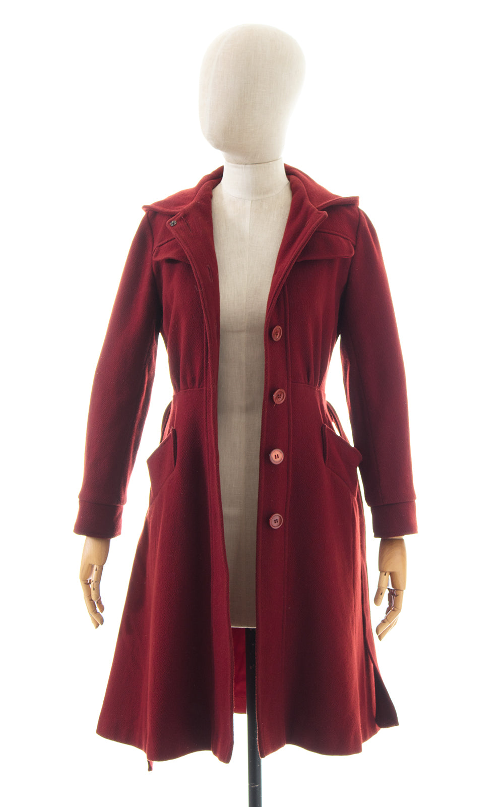 1970s Burgundy Wool Hooded Belted Princess Coat