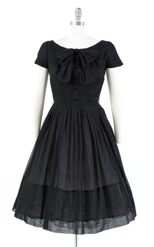 1950s Black Pintuck Cotton Voile Dress with Big Bow | small/medium