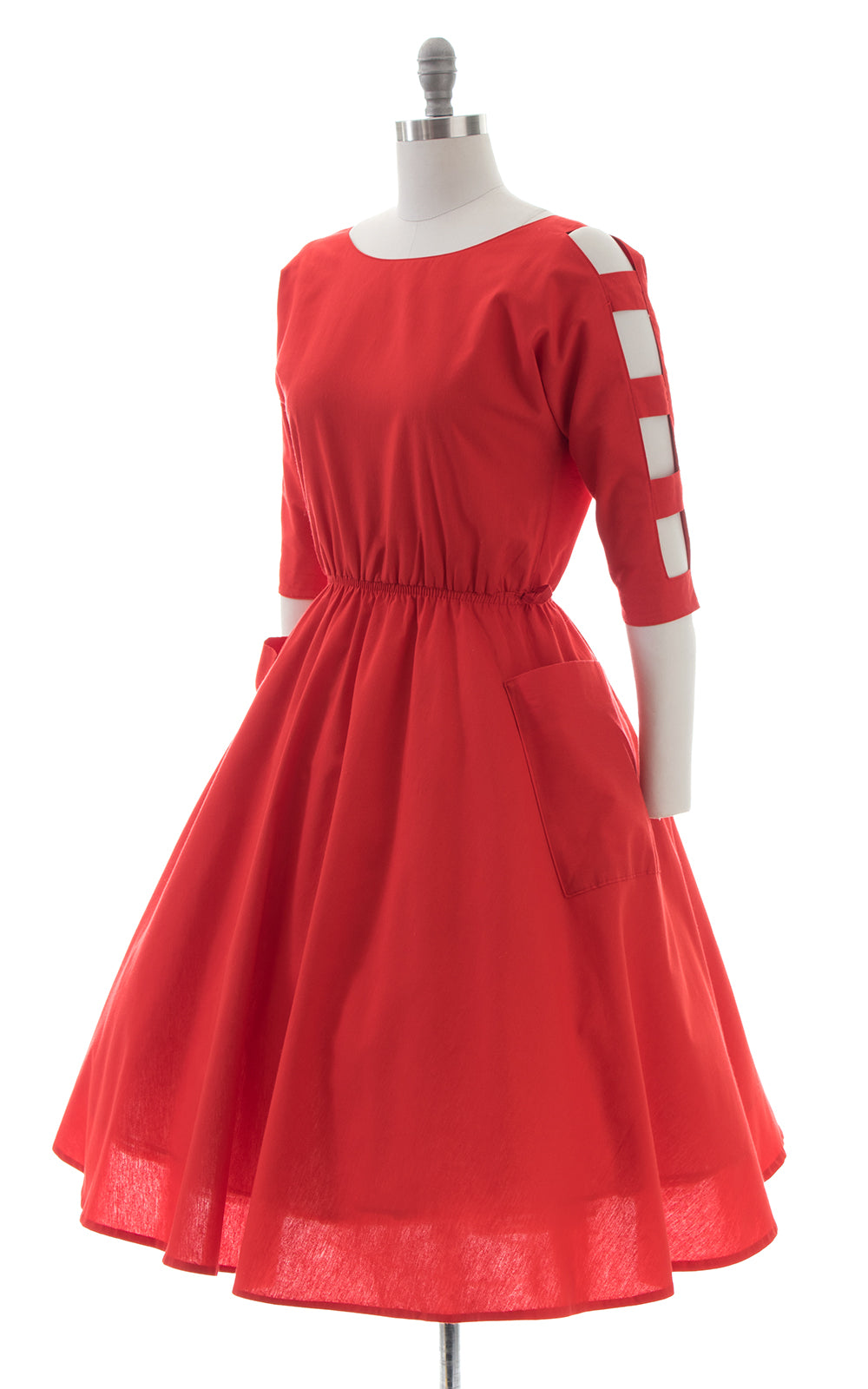 1980s Cutout Sleeves Red Dress with Pockets