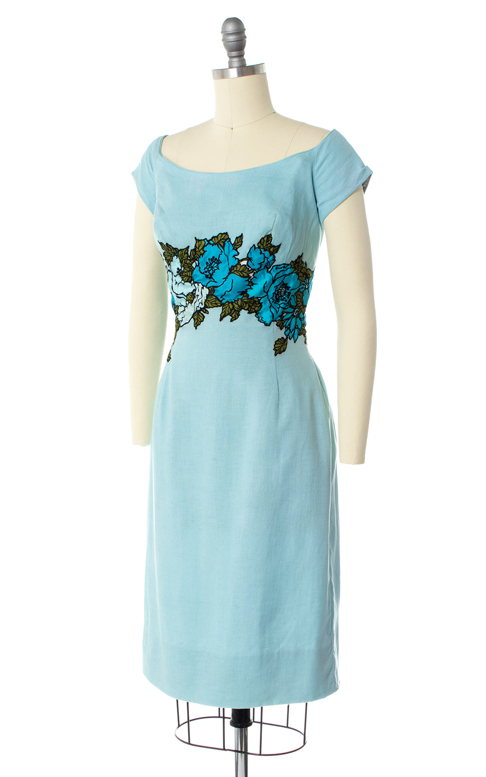 1950s Peggy Hunt Floral Linen Wiggle Dress