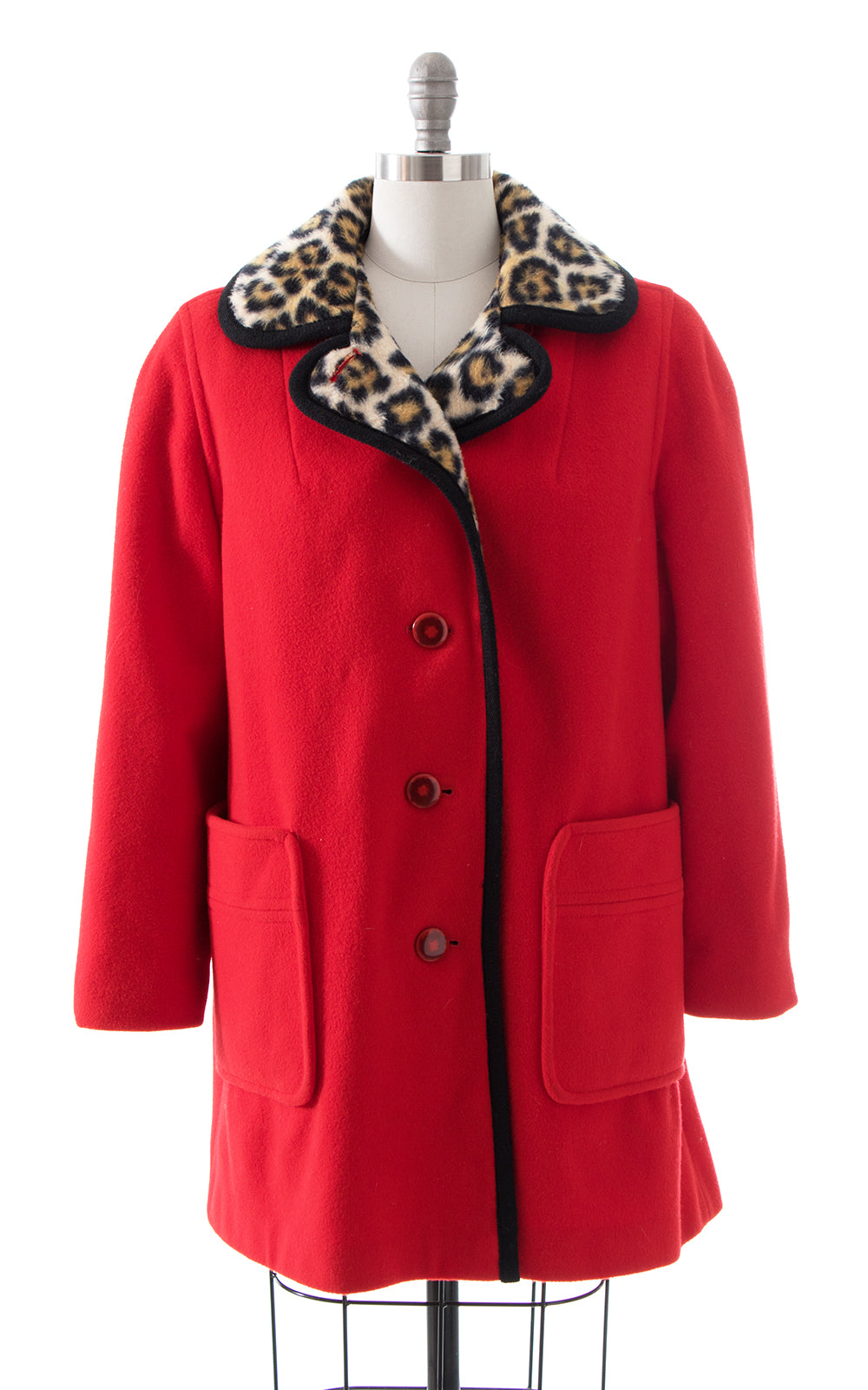 1970s Red Wool & Leopard Print Coat
