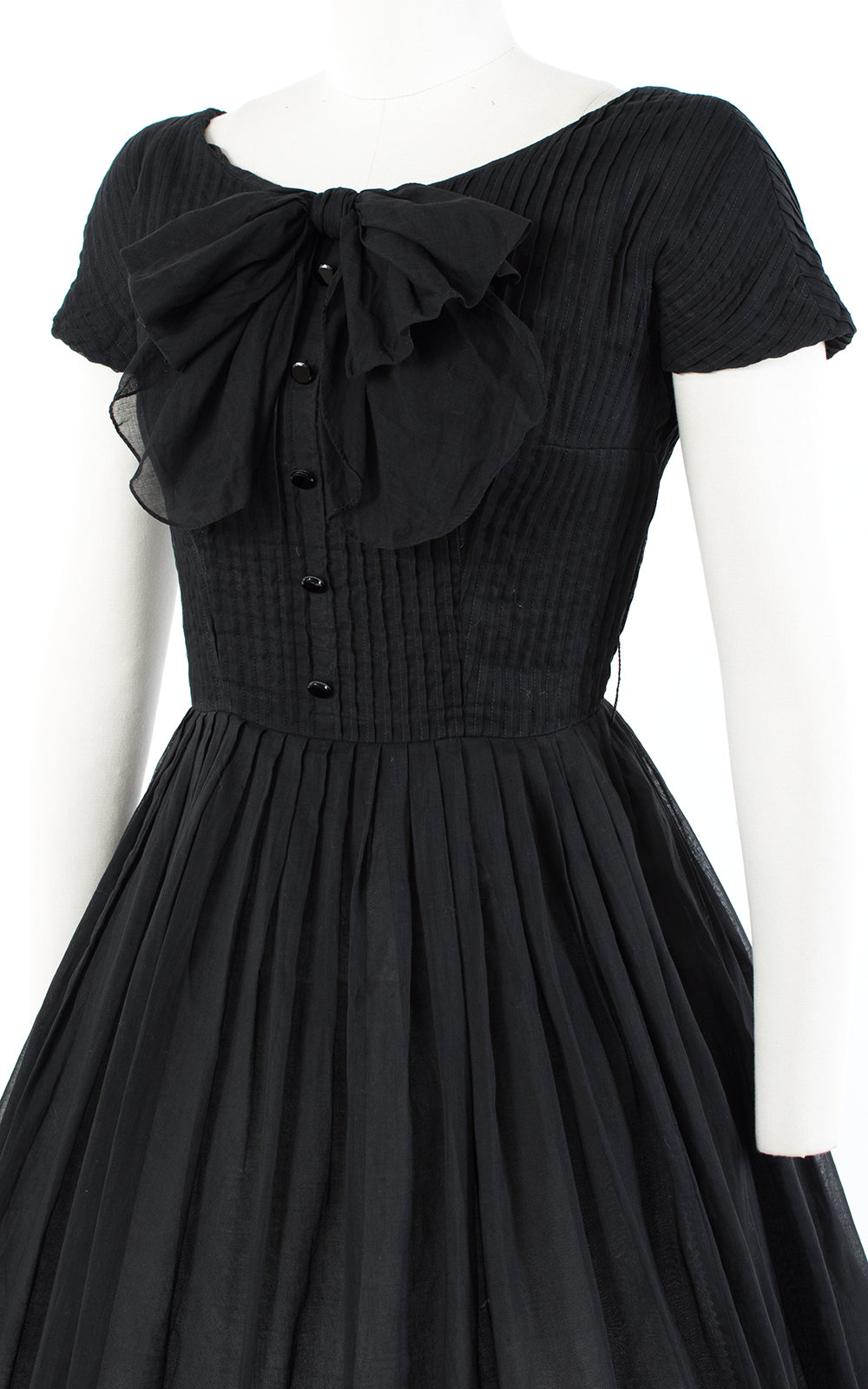 1950s Black Pintuck Cotton Voile Dress with Big Bow | small/medium