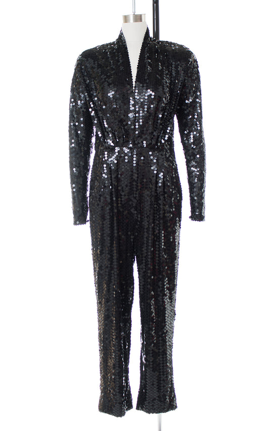 1980s Black Sequin Plunging Jumpsuit