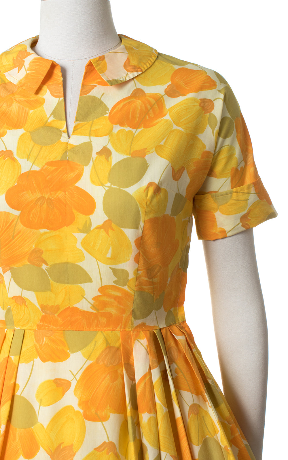 1950s Orange Floral Print Cotton Day Dress