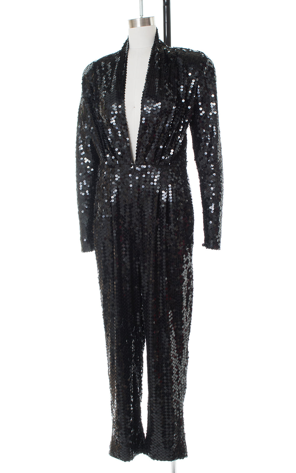 1980s Black Sequin Plunging Jumpsuit