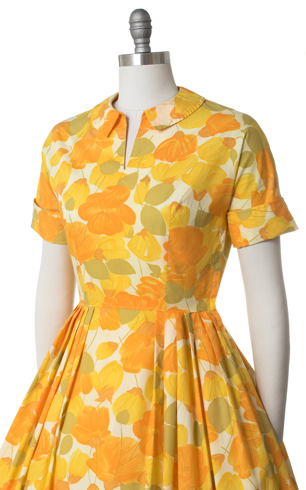 1950s Orange Floral Print Cotton Day Dress