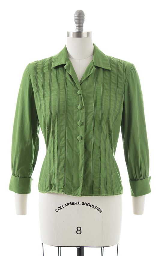 1950s Green Pintuck Cotton Blouse