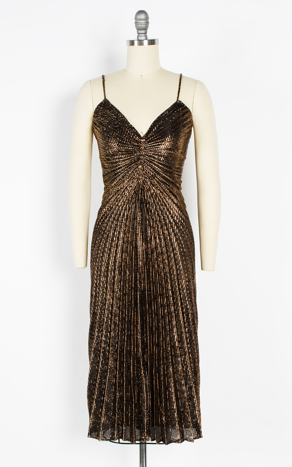 1950s Style Travilla Inspired Metallic Gold Pleated Party Dress