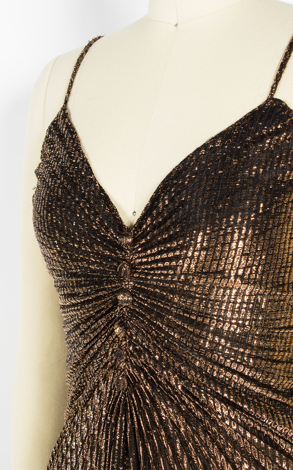1950s Style Travilla Inspired Metallic Gold Pleated Party Dress