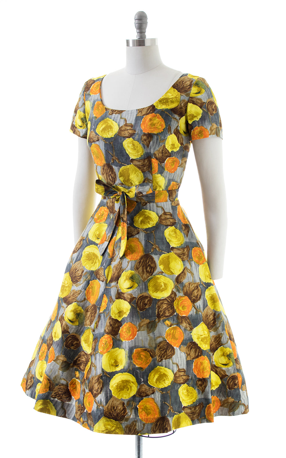 1950s Autumnal Floral Cotton Day Dress