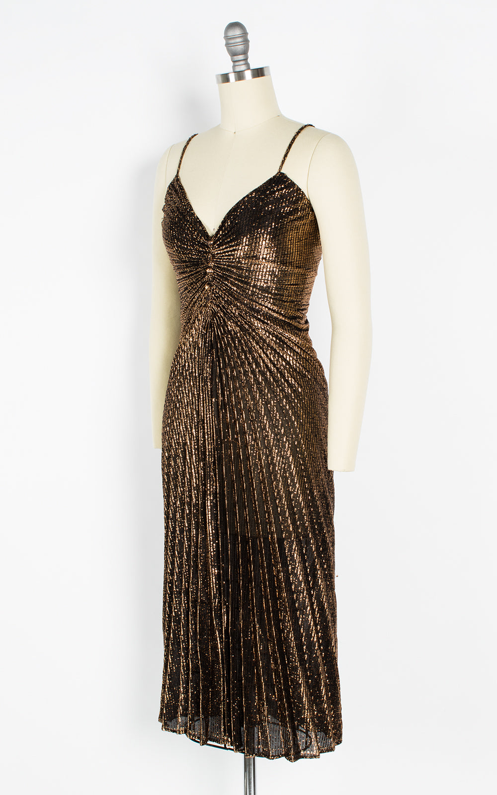 1950s Style Travilla Inspired Metallic Gold Pleated Party Dress