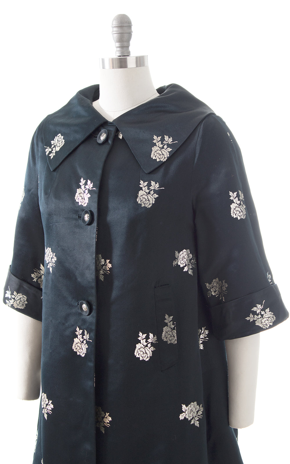 1950s Metallic Rose Silk Satin Jacquard Swing Coat