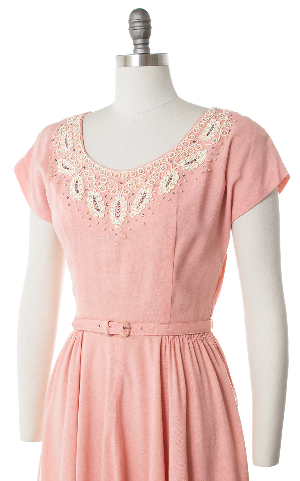 1950s Pink Linen Beaded Rhinestone Neckline Dress