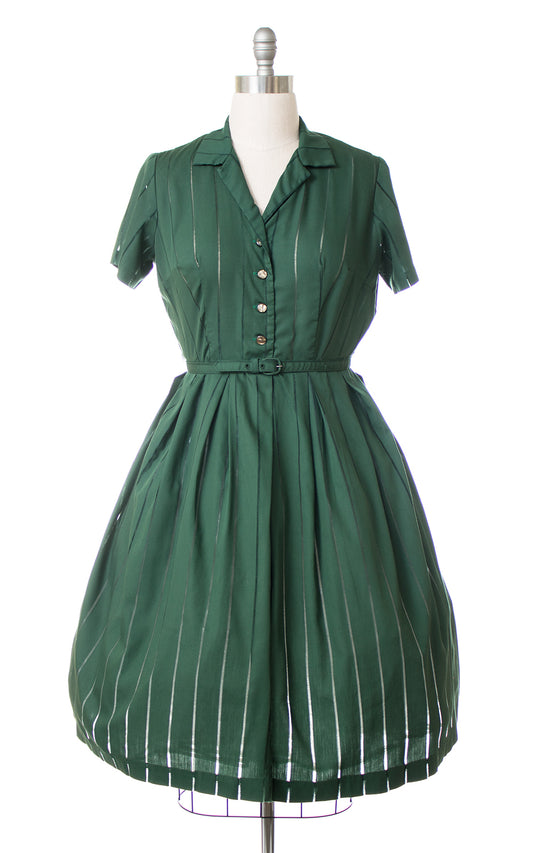 1950s Forest Green Cotton Shirtwaist Dress (x-large)