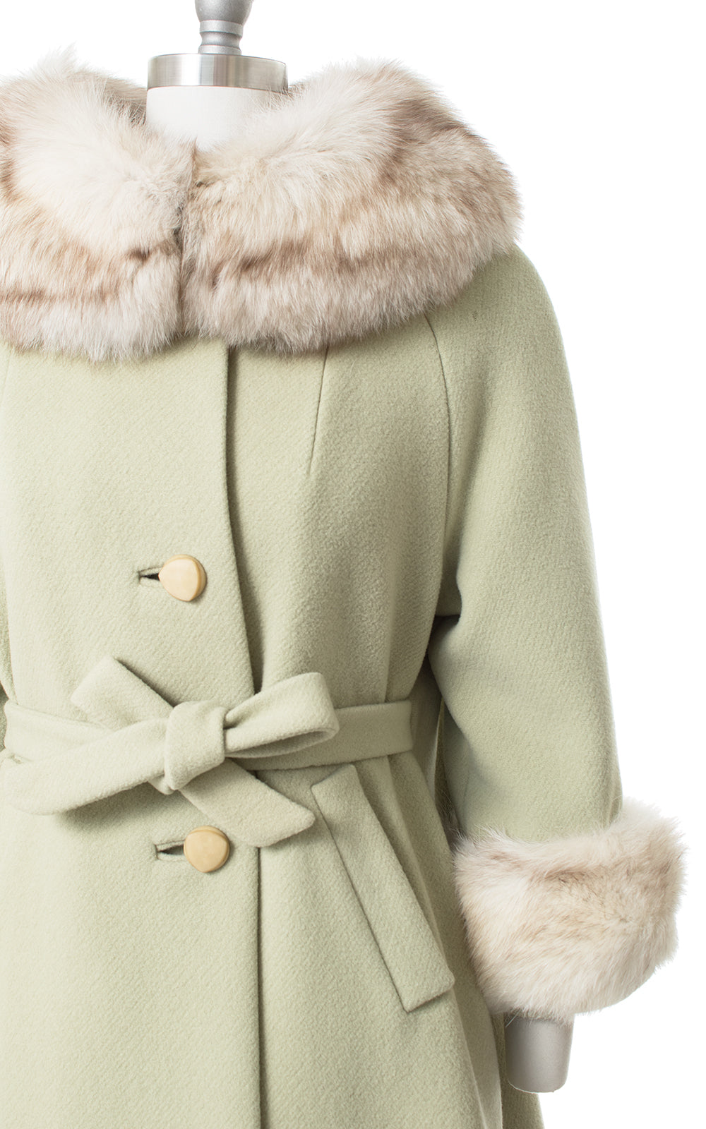 1960s Mint Green Wool & Fox Fur Belted Coat