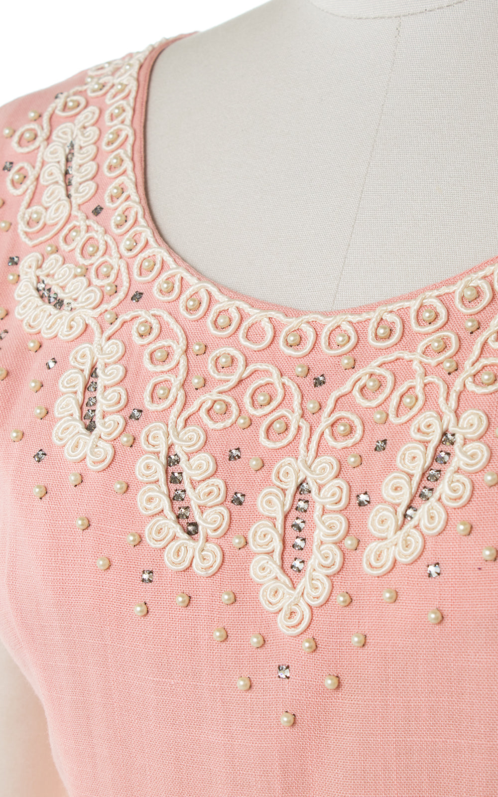 1950s Pink Linen Beaded Rhinestone Neckline Dress