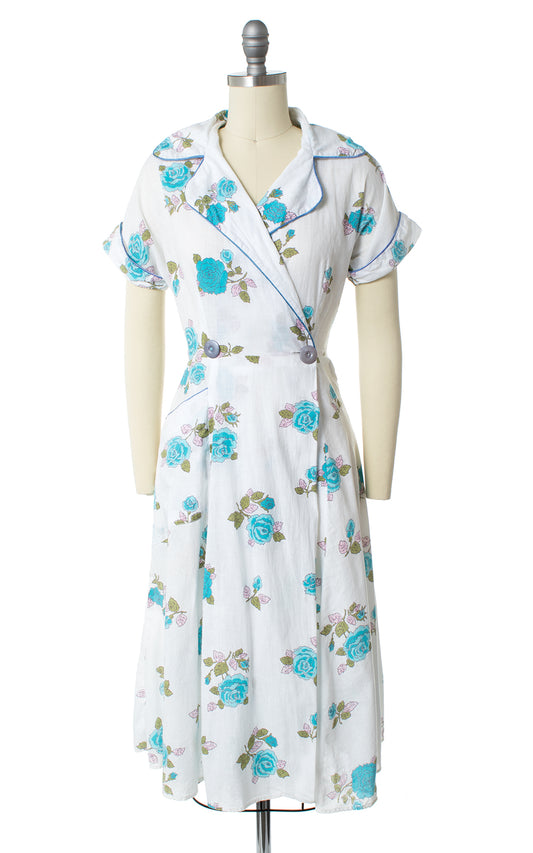 1940s Rose Print Cotton Wrap Dress with Pockets