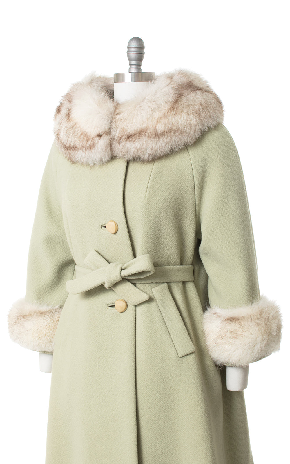 1960s Mint Green Wool & Fox Fur Belted Coat