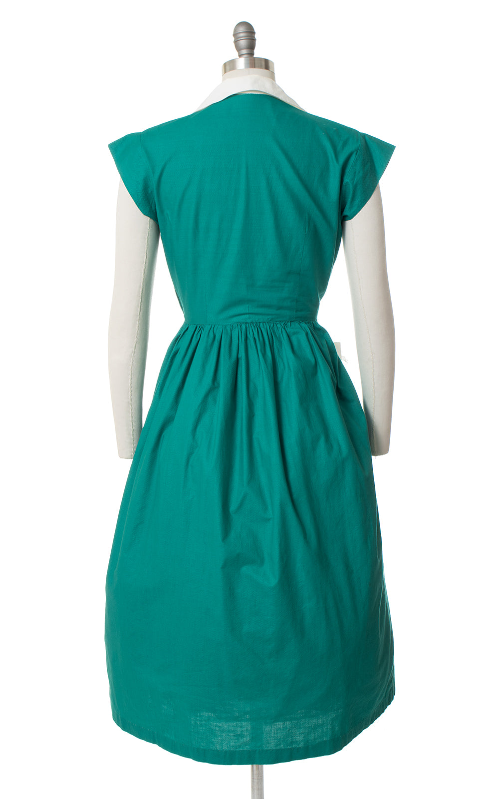 1940s Green Cotton Floral Appliqué Day Dress with Pockets